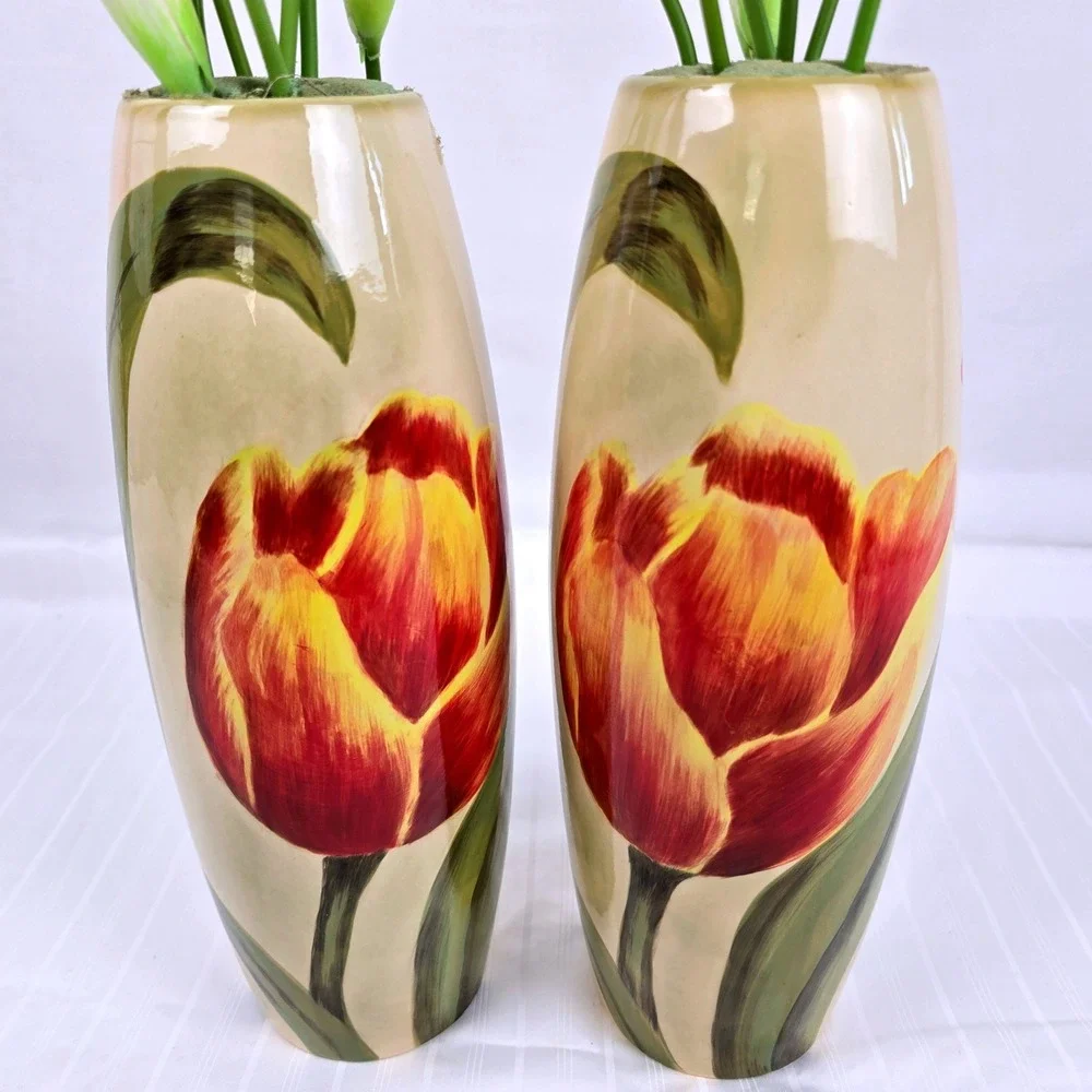 Carolina Pottery 80159 Ceramic Tulip Vases Pair Red Yellow Floral 12.5 Inch Tall